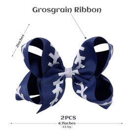 Baseball Hair Bows for Girls, 2 Pack 4.5'' Navy Blue Grosgrain Bows with White Stitch Pattern, Alligator Clips for Toddler Kids Pigtails, Game-Day Softball Team Spirit Hair Accessories