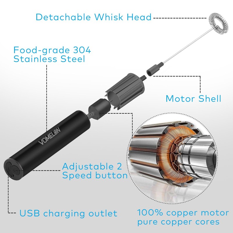 Rechargeable Milk Frother, Electric Coffee Foamer, Handheld Drink Mixer for