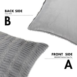 BYTIDE Shaggy Stripe Faux Fur Decorative Throw Pillow Cover with Velvet Back 20 x 20 Inches, Plush Square Soft Cushion Case Pillowcase for Couch Bed Bedroom Living Room, Gray