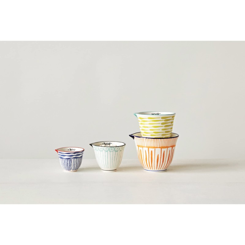 Creative Co-Op Hand Stamped Striped Stoneware Measuring Cups (Set of