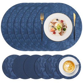 Placemats Set of 6, Faux Leather Round Table Mats, Heat-Resistant Non-Slip Washable Place Mats for Dining Kitchen Outdoor, Boho Blue