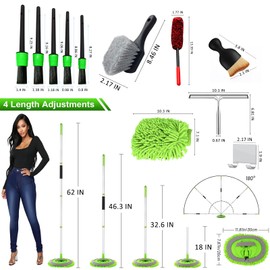 BOLTRY 62" Car Wash Brush Kit 20Pcs - Chenille Microfiber Wash Mop Mitt Interior/Exterior Cleaning Detail Brush Wheel Brush Windshield Window Squeegee for Cars RV Truck Boat