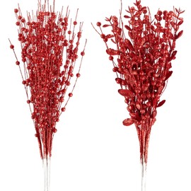 CristBest 24-Pack Christmas Tree Picks Ornaments, Artificial Glitter Berry Stem Glittery Twigs Ornaments for Christmas Tree Decorations, Small Vase, Holiday, Wedding, Party Decorations (Red)