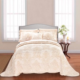 Home Soft Things Damask 4 Piece Bedspread Set, Scalloped Edge Reversible Coverlet Comforter Prewashed Bedding Set, Matelasse Embossed Floral Solid Pattern, Salmon, King (102" x 90")