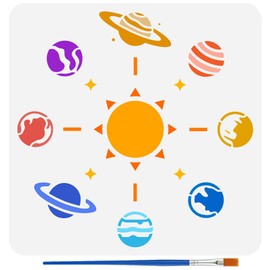 FINGERINSPIRE Solar System Stencil with Brush 11.8x11.8Inch Reusable Eight Planets Stencil PET Sun Decoration Template Earth Uranus Neptune Pattern Sci-Fi Themes Template for Wood Wall Fabric
