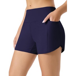 Emlovm Swim Shorts Women Tummy Control UPF50+ Board Shorts Swimwear High Waisted Swimming Bottoms Swimsuit with Liner and Pockets Quick Dry Lightweight Navy Large