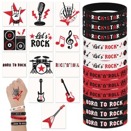 Sinasasspel 36PCS Rock And Roll Stickers Silicone Bracelet Party Favors Born to Rock Decorations Supplies Temporary Stickers For Face Arm Hand Let’s Rock Rubber Wristband 60s 80s Retro Rock Band Party Decor