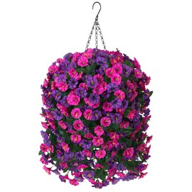 Artificial Fake Hanging Flowers in Basket for Outdoor Indoor Decoration,UV Resistant Faux Silk Dark Purple and Fuchsia Morning Glory Plants Realistic Hanging Planter for Outside Home Porch Yard