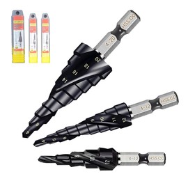 Step Drill, Titanium Nitride Aluminum Coating, HSS-Co M35, Hexagonal Shank, 0.25 inch (6.35 mm) Drill Bits, Set of 3 Woodworking, DIY Tool, Household Use, Sheet Metal and Aluminum