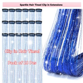 Obinying Hair Tinsel 18 Pcs Hair Tinsel Clip in 20.5 Inch Glitter Tinsel Hair Extensions Fairy Hair Tinsel Kit Clip in Hair Tinsel Party Festival Hair Accessories for Girls Women Kids (Sapphire blue)