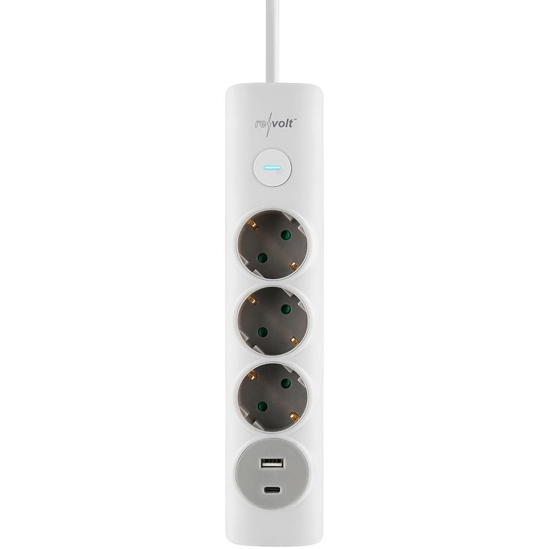 revolt Wall Power Strip: 3-Way Power Strip with USB-A and