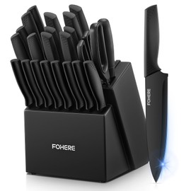 Knife Set FOHERE 23 Pieces Kitchen Knives Set with Block High Carbon Stainless Steel Self-Sharpening Knife Block Set with Built-in Sharpener and Wooden Block with Cheese and Pizza Knife, Black