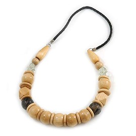 Avalaya Chunky Style Natural Wood Bead with Black Faux Leather Cord Necklace - 70cm L
