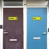 Letrero de baño estándar para hombres y mujeres, azul, pequeño,