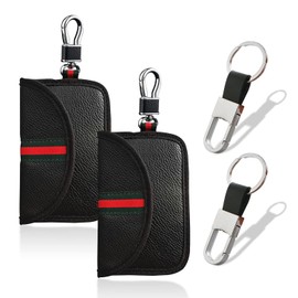 2Pcs Car Key Pouch, Genuine Leather Car Key Case, Large Capacity Car Key Pouch, Key Signal Blocker, RFID Anti-Theft Car Security Bag, with 2 Pcs Metal Key Fobs