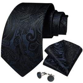 DiBanGu Conjunto de gemelos de seda para hombre con corbata y bolsillo de tela formal y corbata sólida, Azul Marino Negro Paisley, Talla única