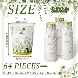 Greeneny Eucalyptus 64 Pcs Green Disposable Coffee Cups - Sage Green Decorations for Bridal Shower, Baby Shower, Birthday & Holidays
