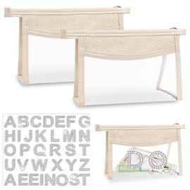 Asaisimg 2 Pcs Clear Makeup Bag, Boho Waterproof Zipper Make up PVC Bag Toiletry Pouch with Bling Letter Stickers for DIY, Transparent Cosmetic Bag Organizer Pouch for Women Girls Travel