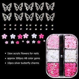 3D Flowers for Nails, 3D Flowers Nail Charms, Metal Butterfly Nail Charms with Nail Gems, Pink White Acrylic Flowers for Nail Decoration, Y2K Nail Art Accessories, Nail Decoration Kits for Women