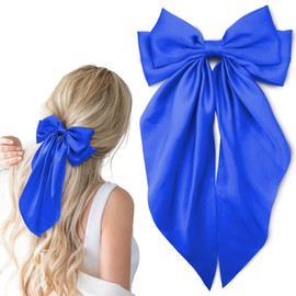 Big Hair Bows Silky Satin Hair Bow with Long Tail Hair Ribbons Bows Hair Clips Cute Hair Accessories for Women (Royal Blue,1Pcs)