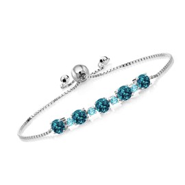 Gem Stone King 3.82 Cttw London Blue Topaz and Swiss Blue Topaz 925 Silver Tennis Bracelet For Women | Bollo Bracelet | Round 5MM and 2.5MM | Fully Adjustable Up to 9 Inch | Easy-On Easy-Off