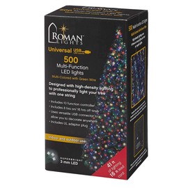 Roman Lights Superbright LED USB 500L Multi 42 ft, Green Cord Light Set, 10 Function Controller, 8 on/16 Off Timer, String, Perfect for Lighting Trees, Railings and More