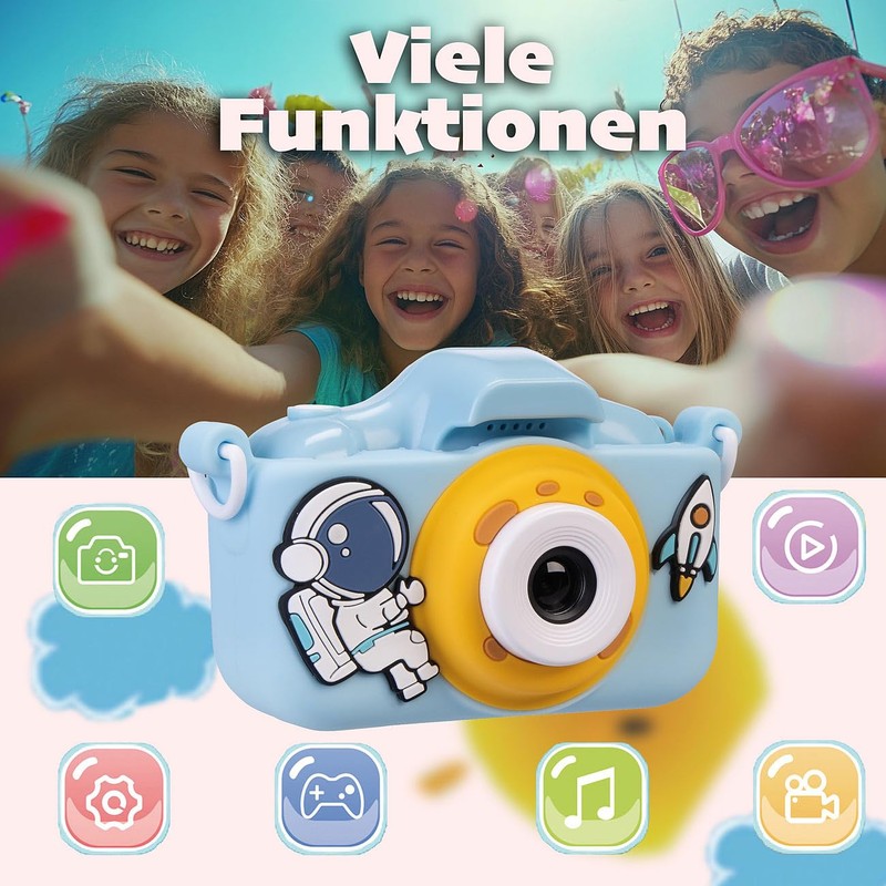 Playtastic Selfie-Kinderkamera, 2''-IPS-Display, 1080p, USB-C, Weltall-Hülle blau