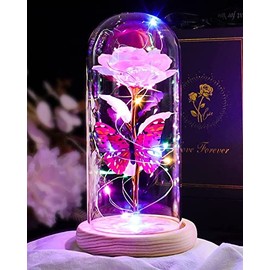 Pink Rose Gifts for Women Enchanted Rose Crystal Flower Gifts with Butterfly in Glass Dome Unique Birthday Gifts for Her-Mom Grandma Sister Friend