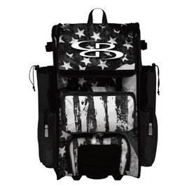 Boombah Rolling Superpack 2.0 Baseball/Softball Gear Bag - 23-1/2" x 13-1/2" x 9-1/2" - USA Stars & Stripes Black Ops Black/White - Telescopic Handle - Holds 4 Bats - Wheeled Version