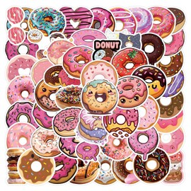 55Pcs Cute Cartoon Donut Stickers, Waterproof Vinyl, Cartoon Style, Decorative Laptop Decals, Indoor Use, Food Theme, Water Cup, Scrapbook，Skateboarding (Colourful-Y1)