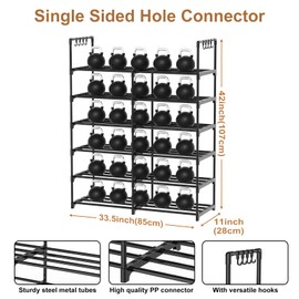 DYJIEKAI 2-Row 6-Tier Shoe Rack, Black Metal Stackable Shoe Shelf with Multifunctional Hooks, Hold 24-30 Pairs, Space Saving Shoes Organizer for Closet,Show Rack