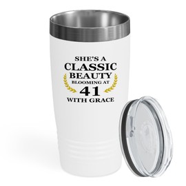 41st Birthday Tumbler 20oz White -Beauty At 41-41st Birthday Gift Female Friend Vintage Women Friendship Girlfriend Sister Mom Work Friend