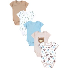 TupTam Boys' Baby Bodysuit Short Sleeve in Plain Colours - Pack of 5, Bear Leaves Beige Iceberg