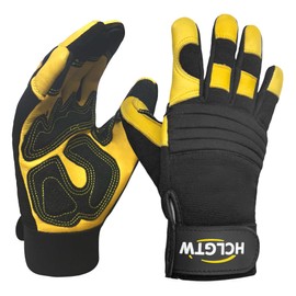 HCLGTW Safety Leather Work Gloves With Elastic Cuff Impact Protection And Vibration Absorption For Men For Construction, Truck Driving, Gardening Gloves Non-Slip, Machine Washable (Yellow,Medium)