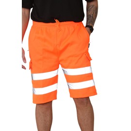 Grunge Wear® Hi Vis Fleece Combat Shorts - Mens HIGH Visibility Reflective Tape Safety Security Work Utility Cargo Pant (Orange, Large)