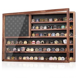 MOCAS Challenge Coin Display Case, Lockable Military Coin Holder Cabinet with Removable Star Board & HD Tempered Glass Door (27.6" L x 18.1" W), Solid Wood Wall Mount Coins Collection Rack Stand