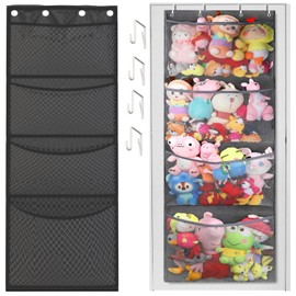 LxcshLjx Hanging Stuffed Animal Storage, Stuffed Animal Storage Bag, Over Door Stuff Animals Organizer with 4 Large Mesh Pockets, Breathable Plush Toy Holder, Mesh Hammock Bag for Closet, Room