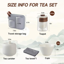 WILVENTEX Gongfu Tea Sets, Portable Ceramic Tea Set with Travel Bag, Asian Tea sets with 6 cpus for Home, Outdoor, Tea time, Tea gift, Office, Grey Travel Bag
