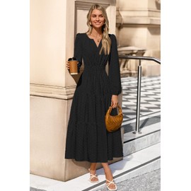 MEROKEETY Women's Fall Long Sleeve Maxi Dress 2025 Fashion Ruffle Tiered Boho Swiss Dots Wedding Guest Dresses, Black, Medium