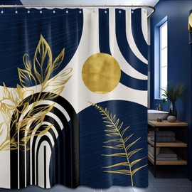 LanZanthic Boho Shower Curtains for Bathroom Abstract Navy Blue and Gold Mid Century Modern Wet Room Shower Curtain, Washable, Waterproof, Cloth Fabric, 180 x 180 cm