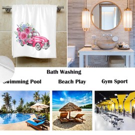 Pfrewn Rose Flowers Heart Truck Hand Towels 16x30 in Spring Love Travel Bathroom Towel Ultra Soft Highly Absorbent Small Bath Towel Kitchen Dish Guest Towel Decorations for Hand Face Gym Spa Bathroom