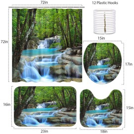 Britimes 4 Piece Shower Curtain Sets, Scenery Waterfall with Non-Slip Rugs, Toilet Lid Cover and Bath Mat, for Bathroom Decor Set, 72" x 72"