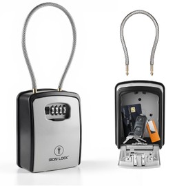 Iron Lock® Key Lock Box Portable with Cable Shackle & Wall Mount – Waterproof Heavy Duty Metal Lock Box for Keys with 4-Digit Combination Code on Door Knob, Fence, Pipe or Gate (Grey, XXL)