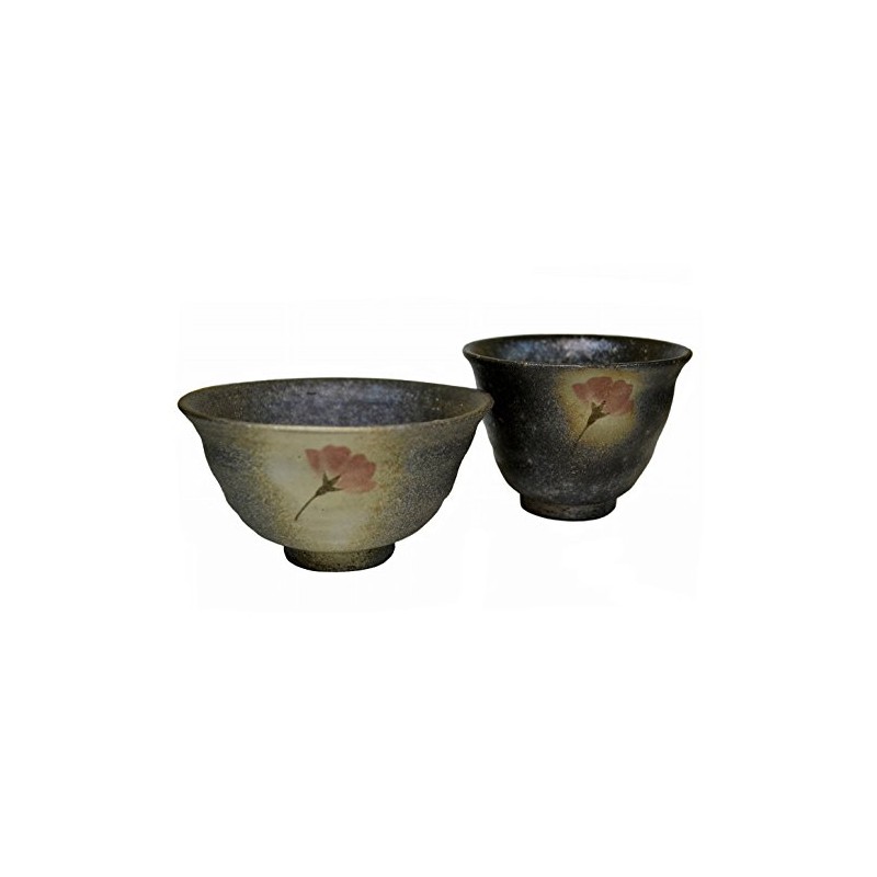 信楽焼 Black Silver Color 花絵 Rice Bowl Tea Bowls Set