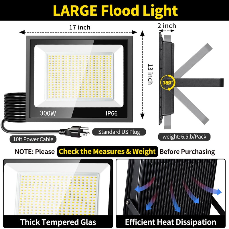 300W LED Flood Light Outdoor, 36000LM Brighter Work Light with