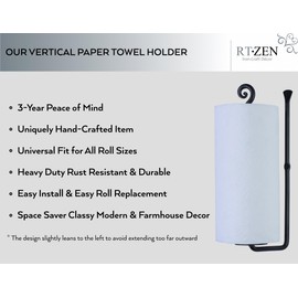 RTZEN Vertical Black Paper Towel Holder Wall Mount - Handcrafted Rustic Decorative Wrought Iron Decor - Farmhouse Paper Towel Holder for Kitchen or Wall Paper Towel Holder for Bathroom