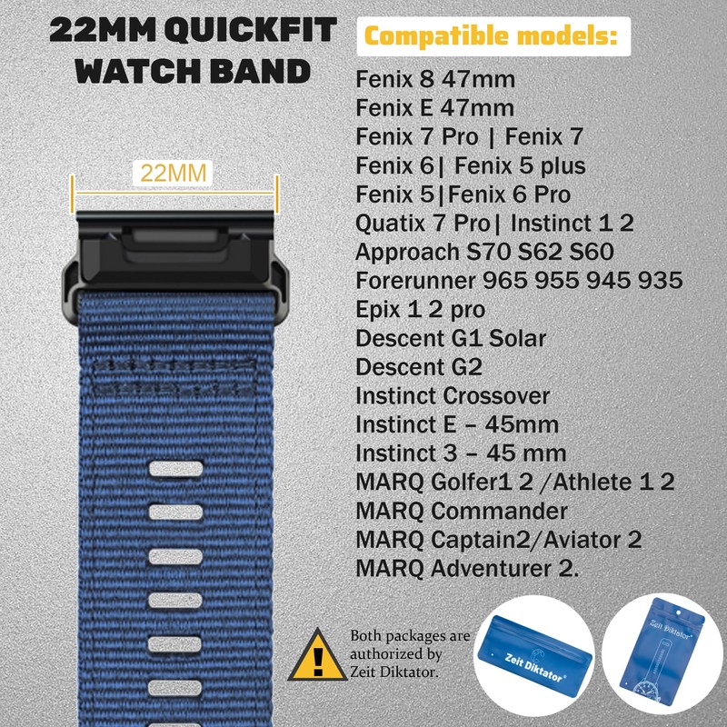 Zeit Diktator 22mm Quickfit Watch Bands compatible with Garmin Fenix