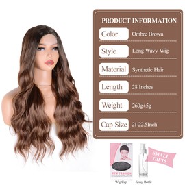 Vitorish Ombre Brown Wavy Wig for Women 28 Inches Synthetic Curly Middle Part Long Wig Small Lace Natural Looking Heat Resistant Fiber Wig for Daily Party Use (Ombre Brown)