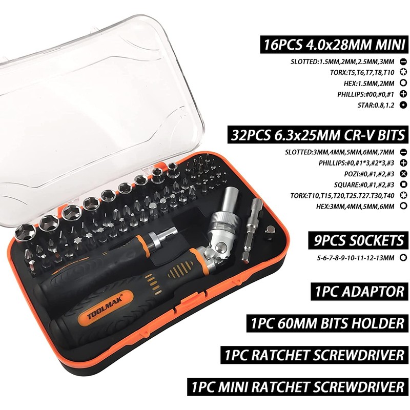 TOOLMAK 61pcs Ratcheting Screwdriver Set,Socket Set,Precision Screwdriver Bit Set with