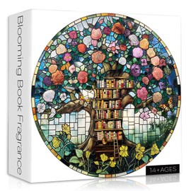 Stained Glass Blooming Bookshelf Jigsaw Puzzle, Round Vintage Tree of Life Flower Themed, Mosaic Circle Floral Book Puzzle for Adults 1000 Pieces, Colorful Impossible Difficult Hard Challenge